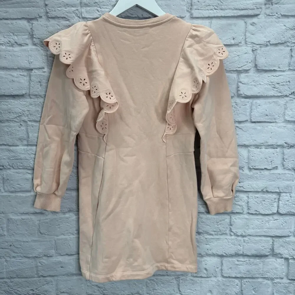 Chloe Girls Ruffle Sleeve Dress Size 12 Logo Flower Pink Cotton Scallop